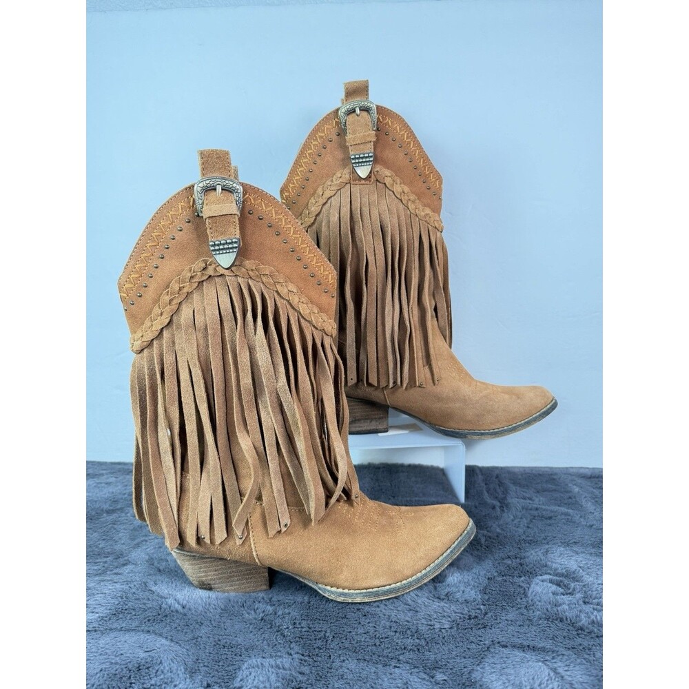 Very Volatile Women’s 7.5 Brown Suede Fringe Western Cowboy Boots Boho Studded